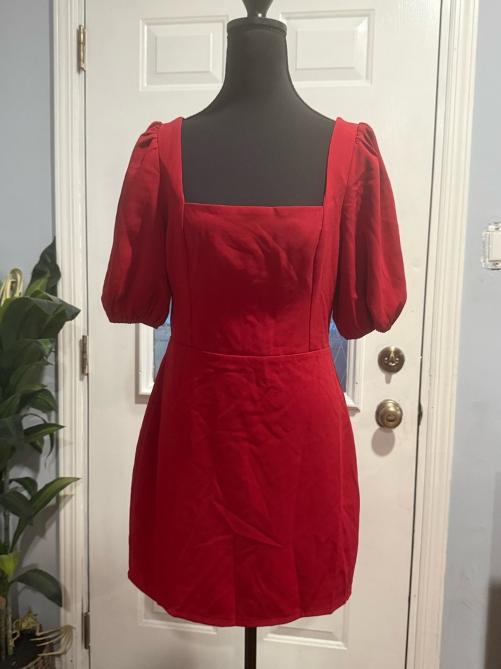 Lulu's Red Square Neck Puff Sleeve Mini Dress